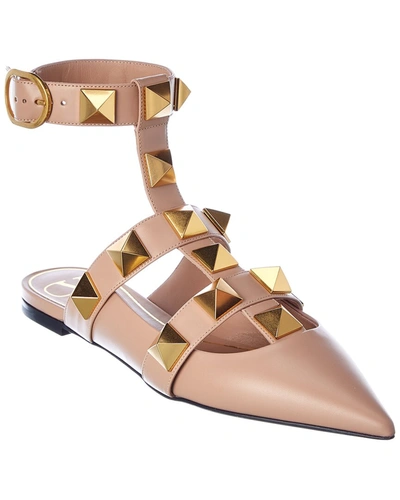 Shop Valentino Roman Stud Leather Ankle Strap Flat In Beige
