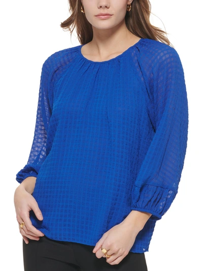 Shop Calvin Klein Womens Check Print Puff Sleeve Blouse In Blue