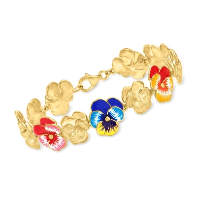 Shop Ross-simons Multicolored Enamel Pansy Flower Bracelet In 18kt Gold Over Sterling In Red