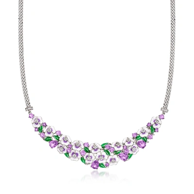 Shop Ross-simons Amethyst And . White Topaz Floral Necklace With Multicolored Enamel In Sterling Silver In Green
