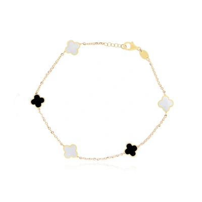 Shop The Lovery Mini Mother Of Pearl And Onyx Clover Bracelet In Gold