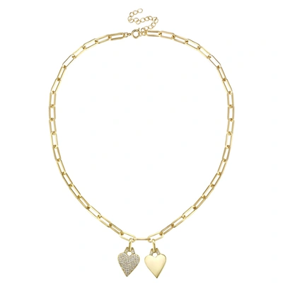 Shop Rachel Glauber Rg 14k Gold Plated With Diamond Cubic Zirconia Double Heart Cable Chain Necklace In White