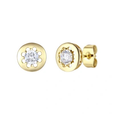Shop Rachel Glauber Rg 14k Gold Plated With Diamond Cubic Zirconia Round Modern Bezel Stud Earrings In Beige