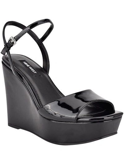 Shop Nine West Kinda Womens Faux Leather Ankle Strap Wedge Heels In Black