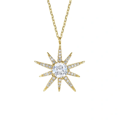 Shop Rachel Glauber Rg 14k Gold Plated With Diamond Cubic Zirconia 10-point Starburst Pendant Necklace In White