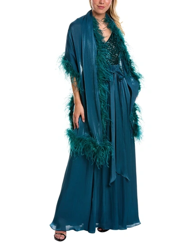 Shop Badgley Mischka Feather Wrap Gown In Blue