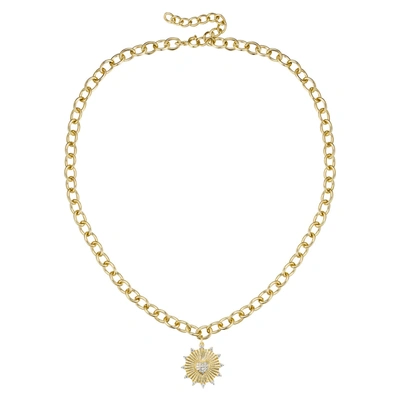 Rachel Glauber Rg 14k Gold Plated With Diamond Cubic Zirconia Vintage Shield Sunshine Pendant Curb Chain Adjustable