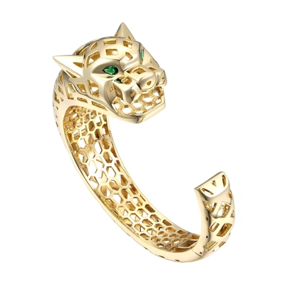 Shop Rachel Glauber Rg 14k Gold Plated With Emerald Cubic Zirconia Jaguar Open Cuff Bangle Bracelet