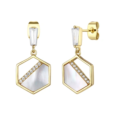 Shop Rachel Glauber Rg 14k Gold Plated With Mother Of Pearl & Diamond Cubic Zirconia Hexagon Dangle Earrings In White