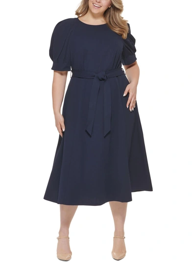 Shop Calvin Klein Plus Womens Puff Sleeve Midi Wear To Work Dress In Multi