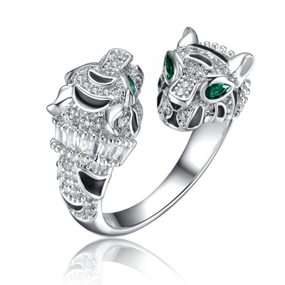 Shop Rachel Glauber Ra Rhodium Plated Panther Bypass Ring In Green