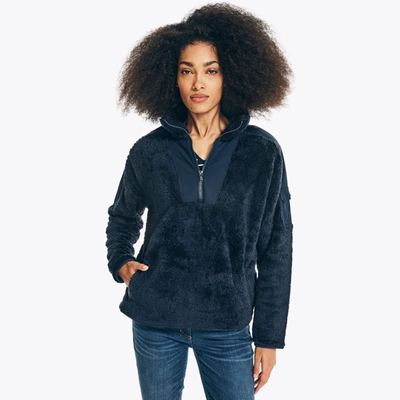 Shop Nautica Womens Mixed Media Quarter-zip Sherpa Fleece In Blue