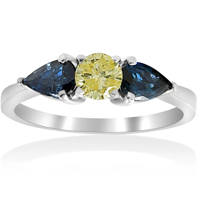 Shop Pompeii3 1ct 3-stone Yellow Diamond Pear Shape Blue Sapphire Engagement Ring 14k Gold In Multi