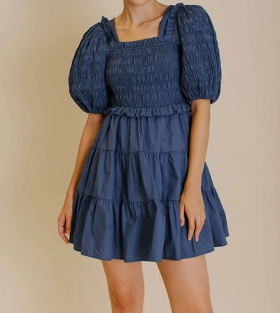 Shop Aureum Puff Sleeve Smocked Mini Dress In Navy In Blue