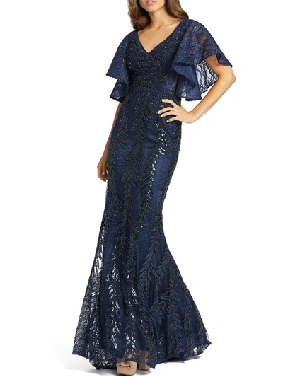 Shop Mac Duggal Womens Embellished Flutter Sleeve Evening Dress In Blue