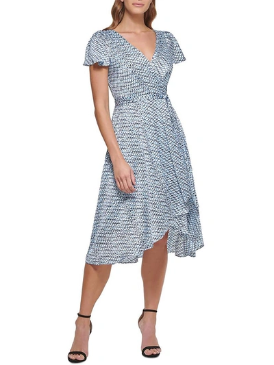 Shop Dkny Womens Printed Knee-length Wrap Dress In Blue