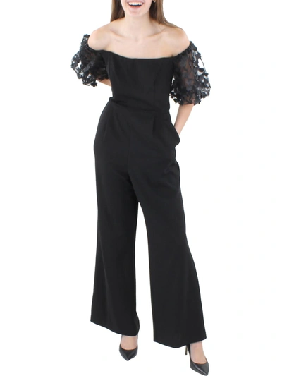 Shop Xscape Petites Womens Floral Applique Off-the-shoulder Jumpsuit In Black