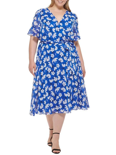 Shop Dkny Plus Womens V-neck Midi Wrap Dress In Blue