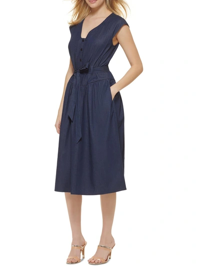 Shop Dkny Womens Half-button Belted Midi Dress In Blue