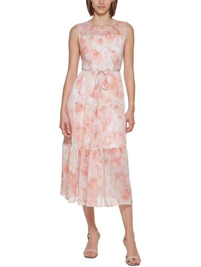 Shop Calvin Klein Womens Chiffon Tiered Midi Dress In Pink