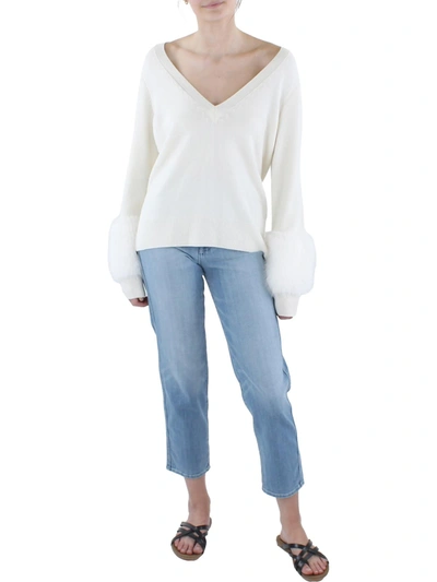 Shop Ramy Brook Brody Womens Faux Fur Trim Knit V-neck Sweater In White
