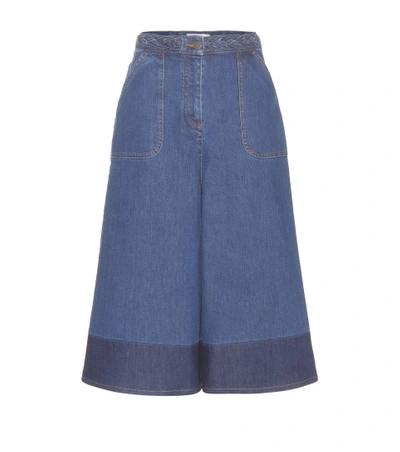 Valentino Contrast-hem Wide-leg Denim Culottes In Blue