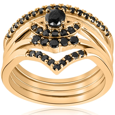 Shop Pompeii3 1/2ct 4-ring Stackable Yellow Gold Black Diamond Curved Wedding Engagement Set