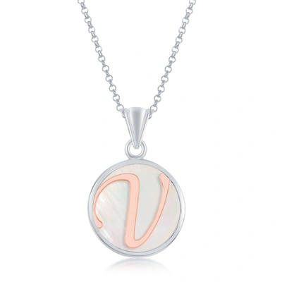 Simona Sterling Silver Mop Pendant, Rose Gold Script Initial W/chain In Silver