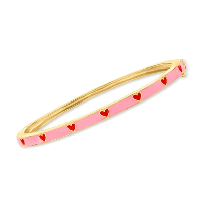 Shop Ross-simons Pink And Red Enamel Heart Bangle Bracelet In 18kt Gold Over Sterling