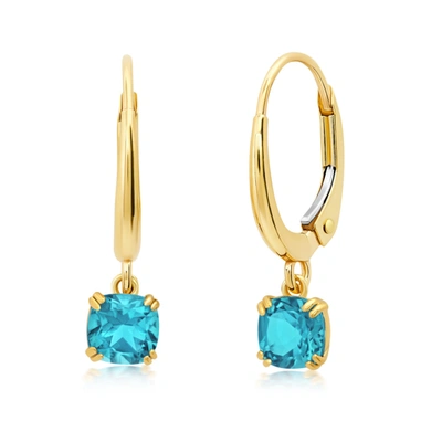Nicole Miller 10k White Or Yellow Gold Cushion Cut 5mm Gemstone Dangle Lever Back Earrings With Push Backs In Blue