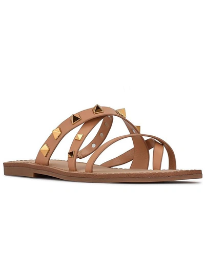 Shop Nine West Cerri Womens Faux Leather Studded Slide Sandals In Brown
