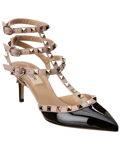 Shop Valentino Rockstud Caged 65 Patent Ankle Strap Pump In Black
