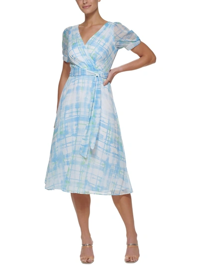 Shop Dkny Womens Puff Sleeve Plaid Midi Dress In Blue