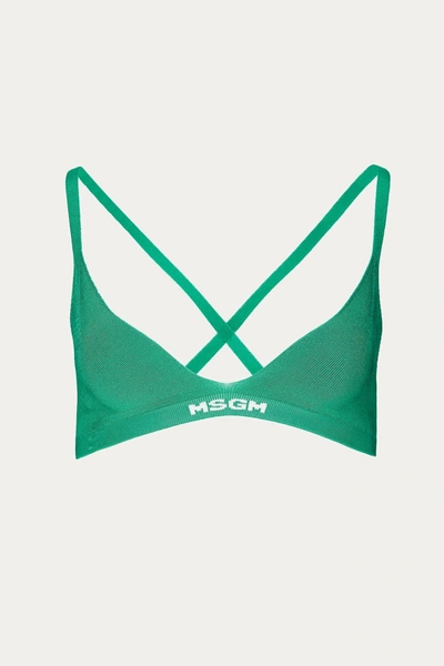 Shop Msgm Ribbed Knit Logo-hem Bra In Green