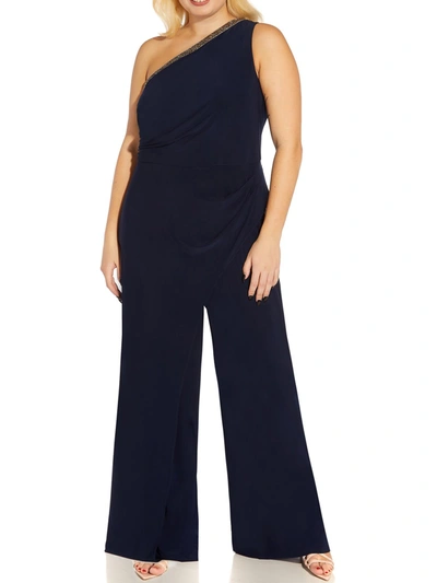 Shop Adrianna Papell Plus Womens Embellished One Shoulder Jumpsuit In Blue