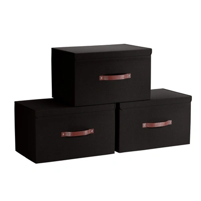 Ornavo Home Foldable Linen Large Storage Bin With Leather Handles And Lid - Set Of 3