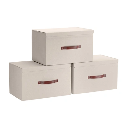 Ornavo Home Foldable Linen Large Storage Bin With Leather Handles And Lid - Set Of 3