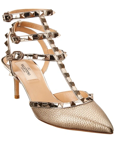 Shop Valentino Rockstud Caged 65 Metallic Leather Ankle Strap Pump In Gold