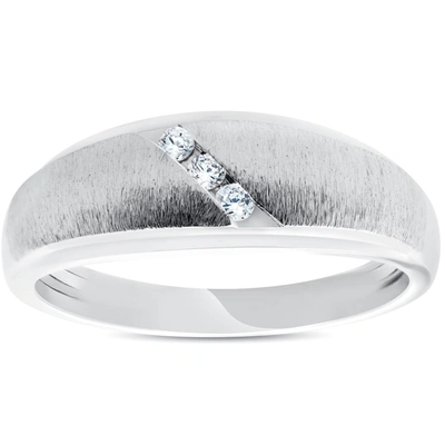 Shop Pompeii3 Mens 1/10ct Three Diamond Brushed Wedding Ring 10k White Gold Anniversary Band In Silver