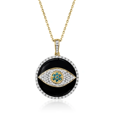 Shop Ross-simons Blue And White Diamond And Black Enamel Evil Eye Pendant Necklace In 18kt Gold Over Sterling