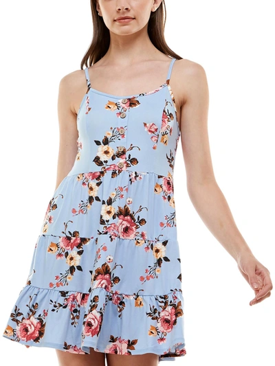 Shop Almost Famous Juniors Womens Floral Print Mini Shift Dress In Blue