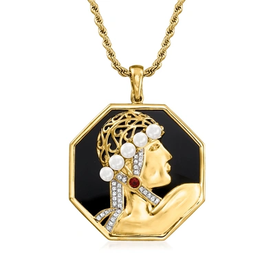 Shop Ross-simons 3.5-4mm Cultured Pearl, Black Agate And . Multi-gemstone Pendant Necklace In 18kt Gold Over Sterling