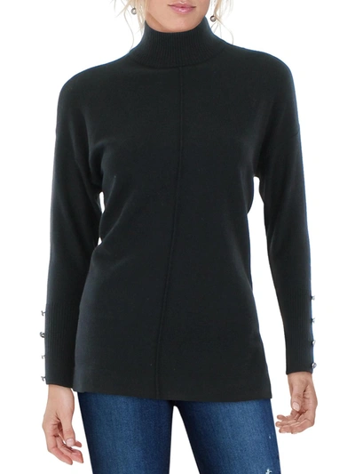 Shop Anne Klein Womens Side Slit Button-trim Mock Turtleneck Sweater In Black