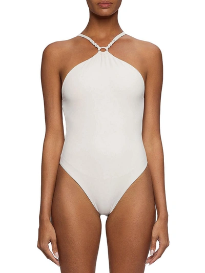 Shop Jonathan Simkhai Shea Womens Macrame High Neck One-piece Swimsuit In White