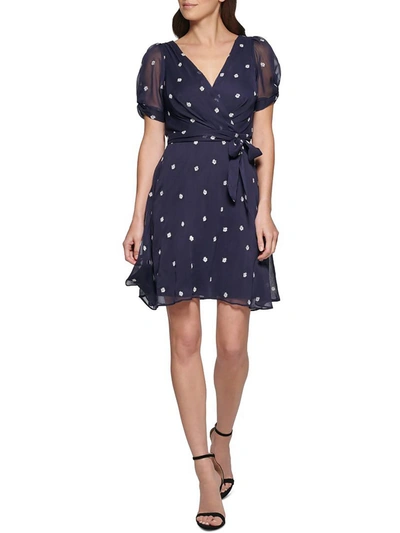 Shop Dkny Petites Womens Embroidered Above Knee Fit & Flare Dress In Blue
