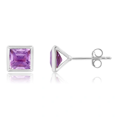 Nicole Miller Sterling Silver Princess Cut 6mm Gemstone Square Stud Earrings With Push Backs In White
