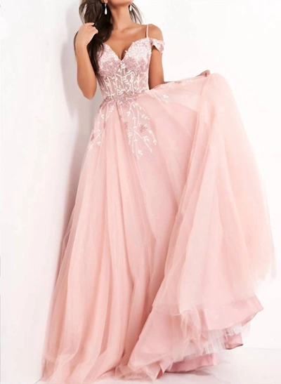 Shop Jovani Off The Shoulder Embellished Evening Dress In Blush In Pink