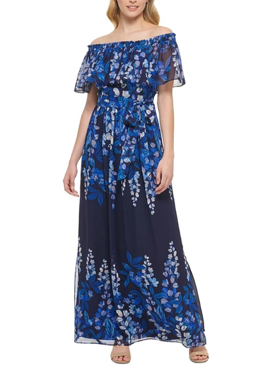 Shop Eliza J Womens Chiffon Off The Shoulder Maxi Dress In Blue