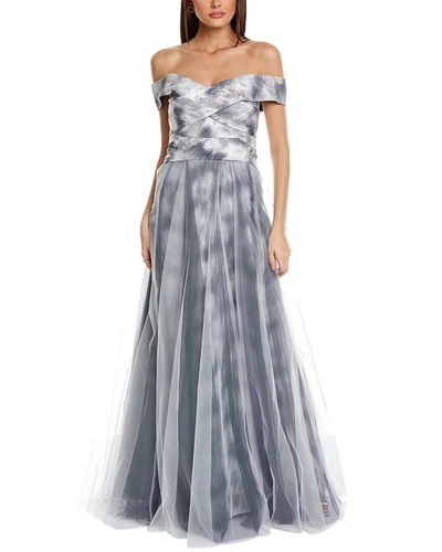 Shop Rene Ruiz Tulle Off-the-shoulder Gown In Silver