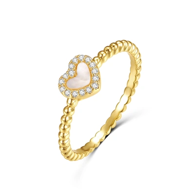 Rachel Glauber 14k Yellow Gold Plated With Mother Of Pearl & Diamond Cubic Zirconia Beaded Band Promise Stacking Ri In Silver